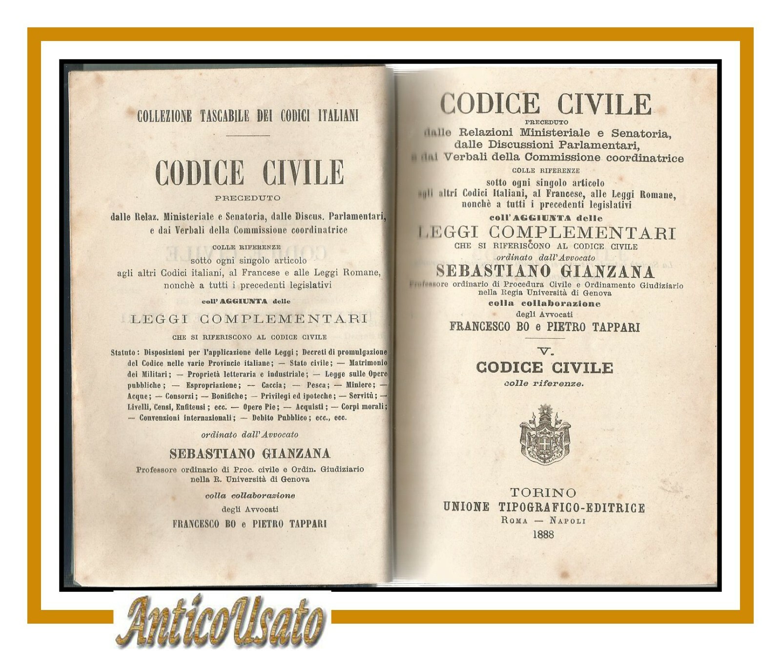 CODICE CIVILE con referenze volume V di Gianzana 1887 UTET …
