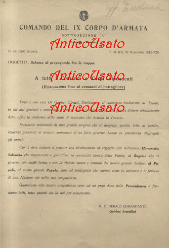COMANDO DEL 9° CORPO D'ARMATA SOTTOSEZIONE A volantino originale 1942 …