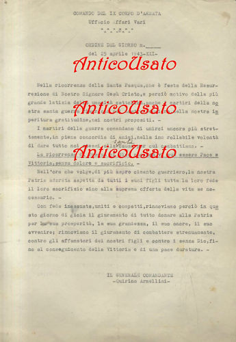 COMANDO DEL 9° CORPO D'ARMATA volantino originale SANTA PASQUA 1943 …