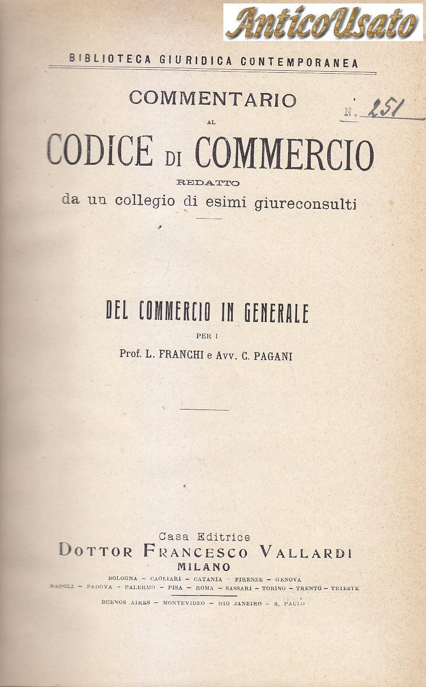 COMMENTARIO AL CODICE DI COMMERCIO 1924 Vallardi 7 VOLUMI su …