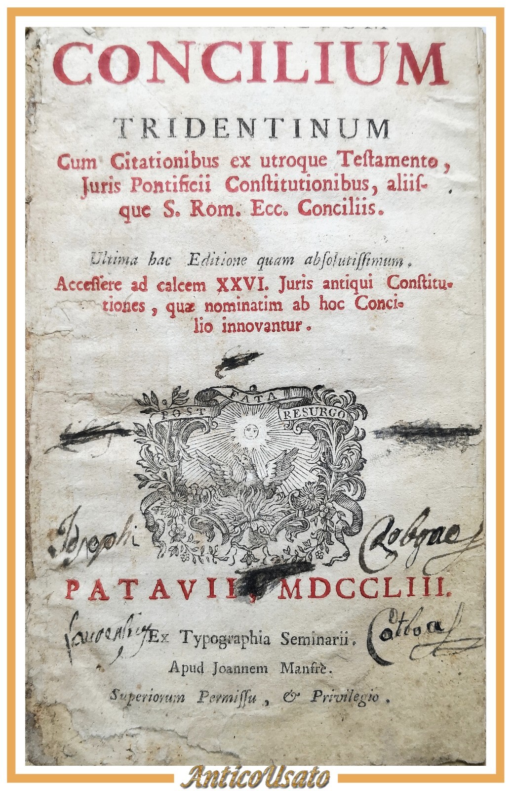 CONCILIUM TRIDENTINUM 1753 Ex Typographia Seminarii Joannem Manfrè libro antico
