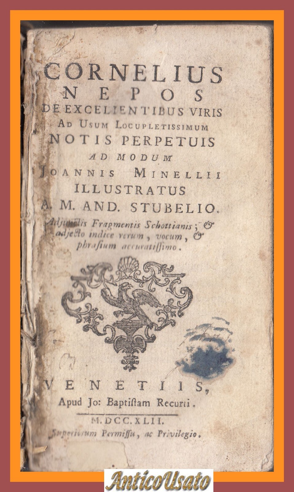 CORNELIUS NEPOS DE EXCELLENTIBUS VIRIS 1742 Recurti Libro antico Vite …