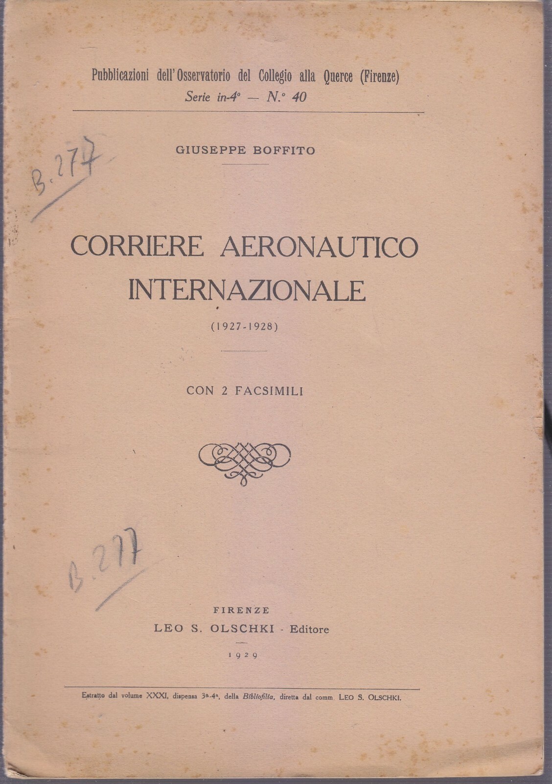 CORRIERE AERONAUTICO INTERNAZIONE 1927 1928 di Giuseppe Boffito rivista Olschki