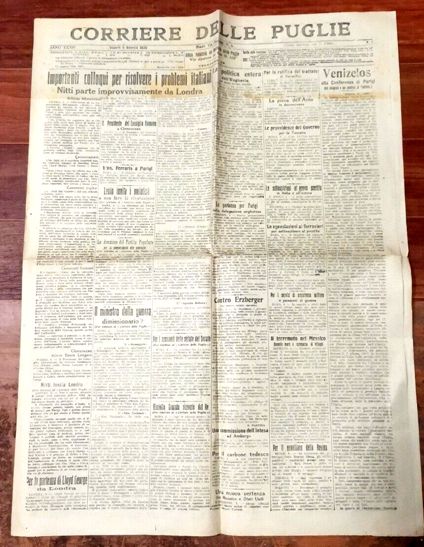 CORRIERE DELLE PUGLIE 9 gennaio 1920 Giornale quotidiano Gazzetta Bari …