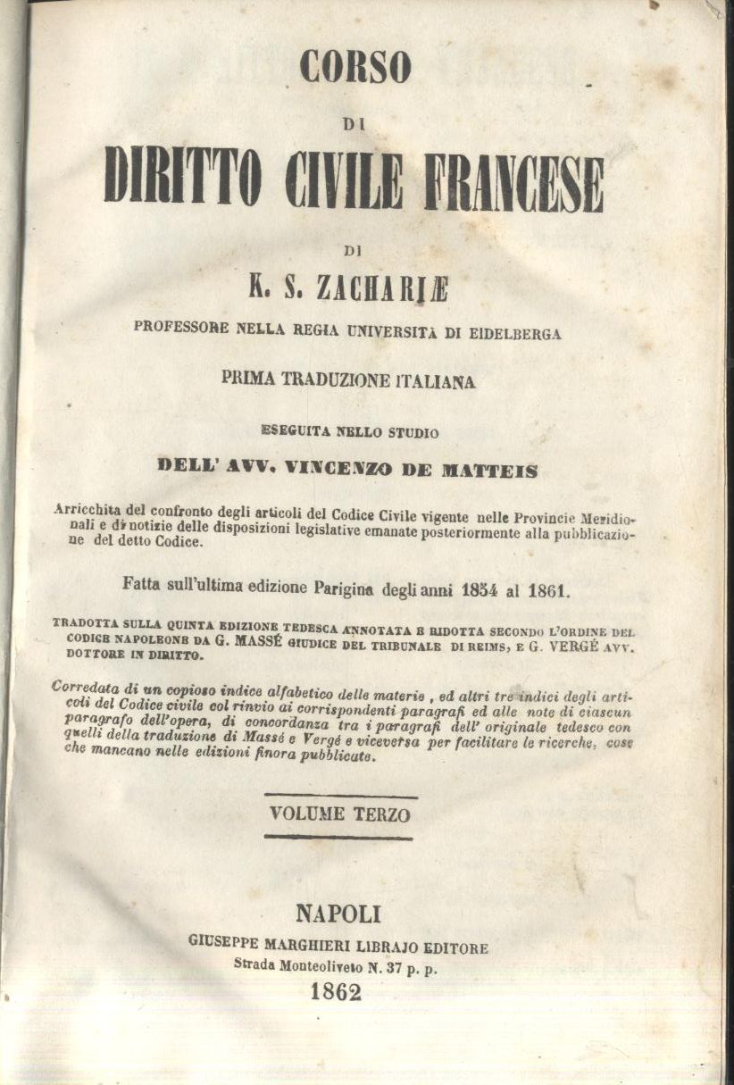 CORSO DI DIRITTO CIVILE FRANCESE Zachariae Volume 3 1862 Marghieri …