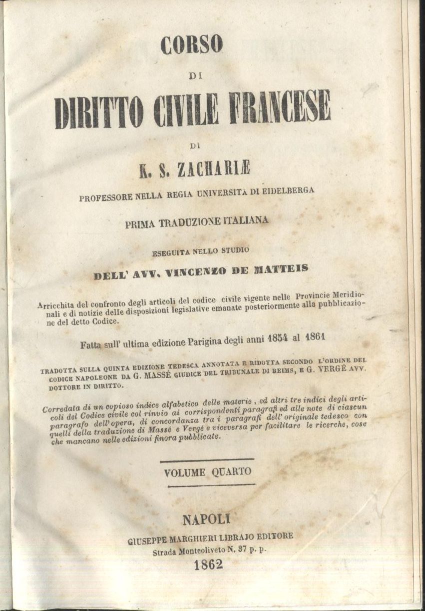 CORSO DI DIRITTO CIVILE FRANCESE Zachariae Volume 4 1862 Marghieri …