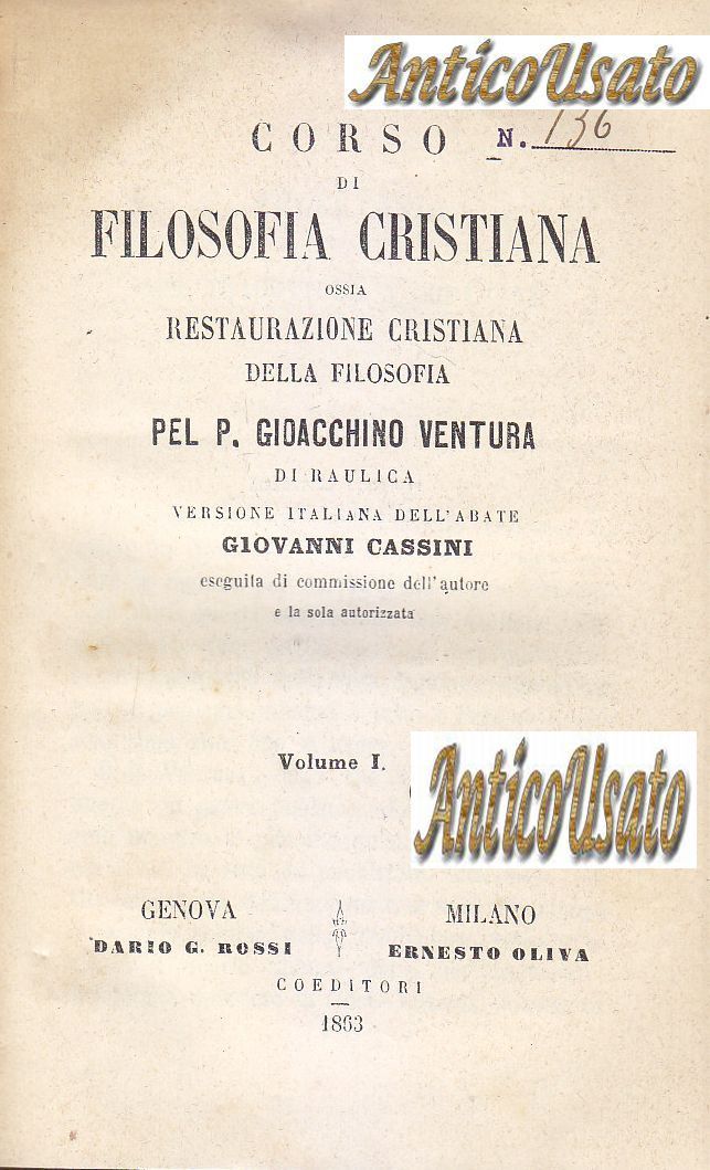 CORSO DI FILOSOFIA CRISTIANA Gioacchino Ventura 5 volumi compl 1863 …