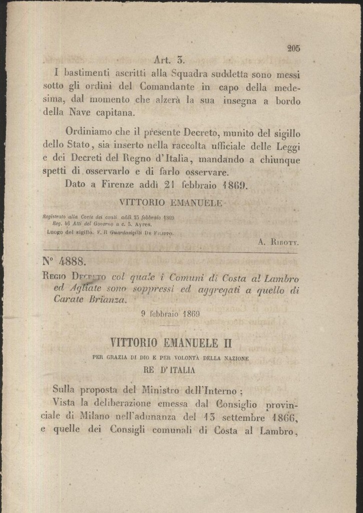 COSTA AL LAMBRO AGLIATE soppressi Regio Decreto 1869 CARATE Brianza …