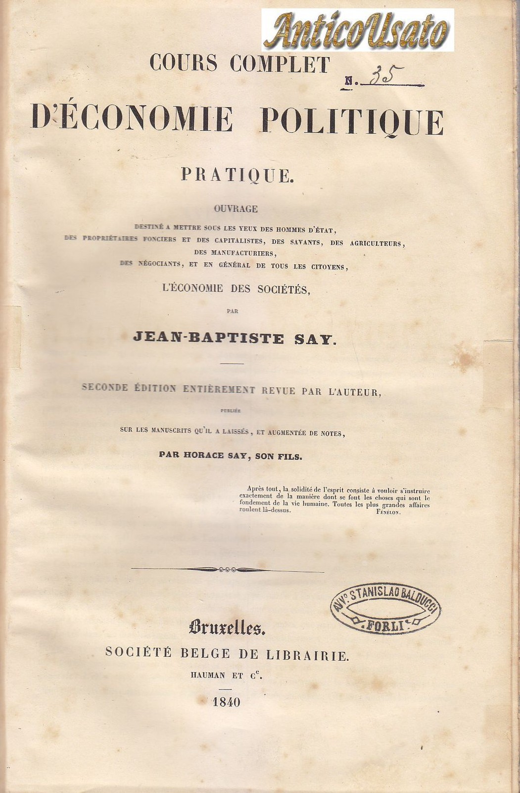 COURS COMPLET ECONOMIE POLITIQUE PRATIQUE di Jean Baptiste Say 1840 …