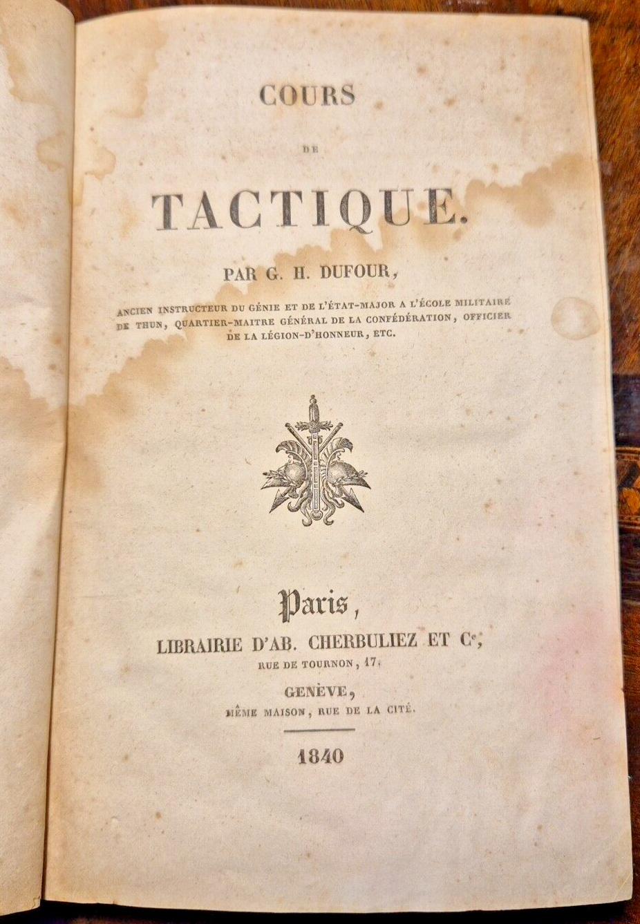 COURS DE TACTIQUE di Guillaume Henri Dufour 1840 Cherbuliez Libro …