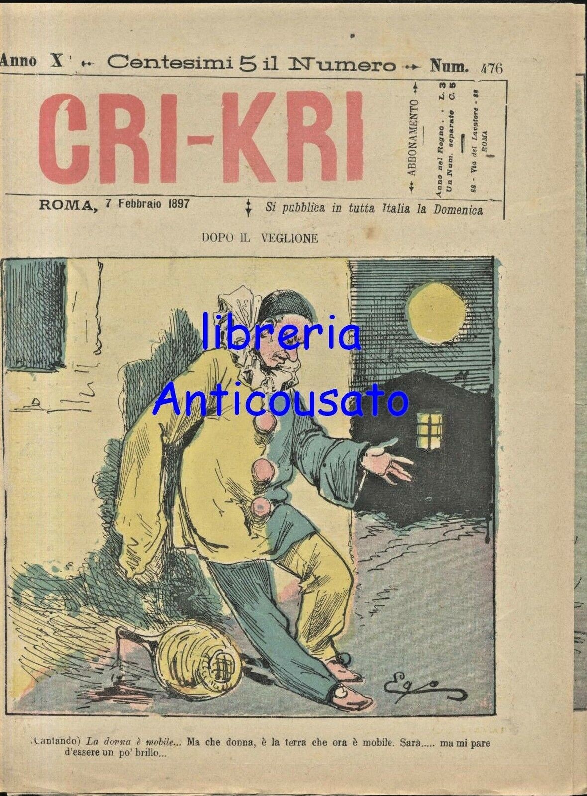 CRI KRI 7 febbraio 1897 giornale umoristico antco vintage illustrato …