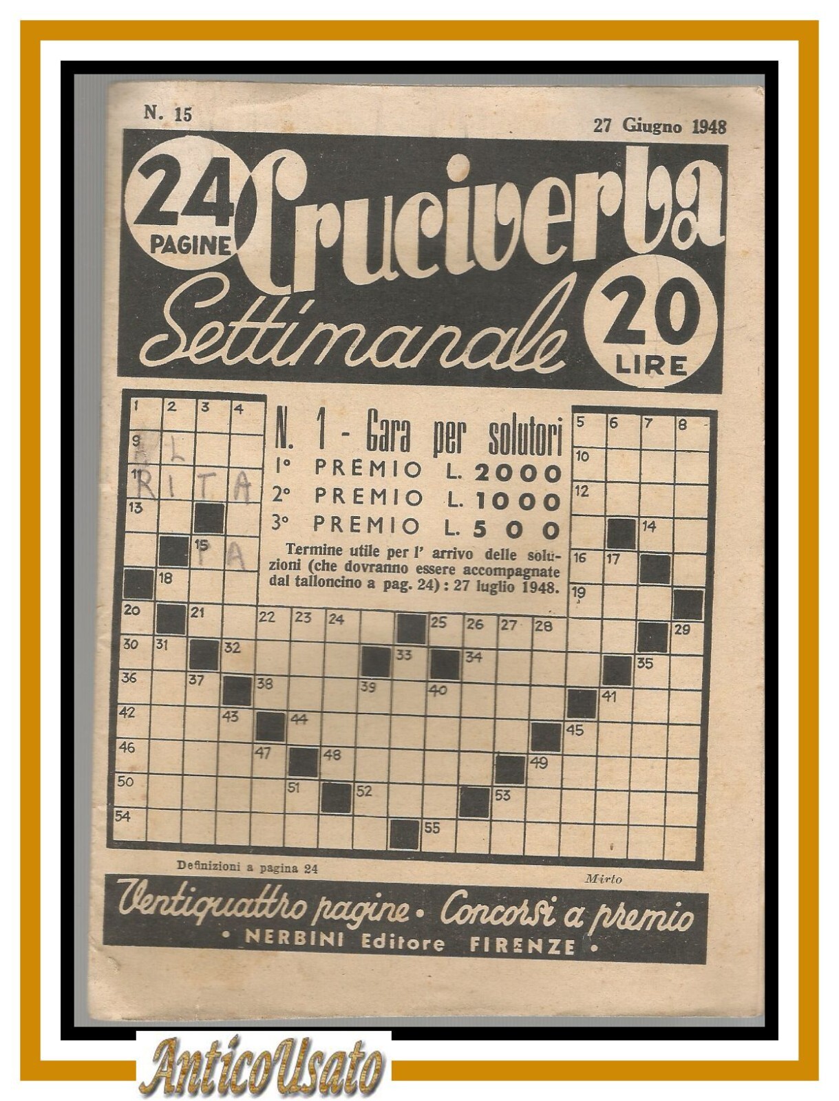 CRUCIVERBA SETTIMANALE 27 giugno 1948 Nerbini tipo settimana enigmistica rivista