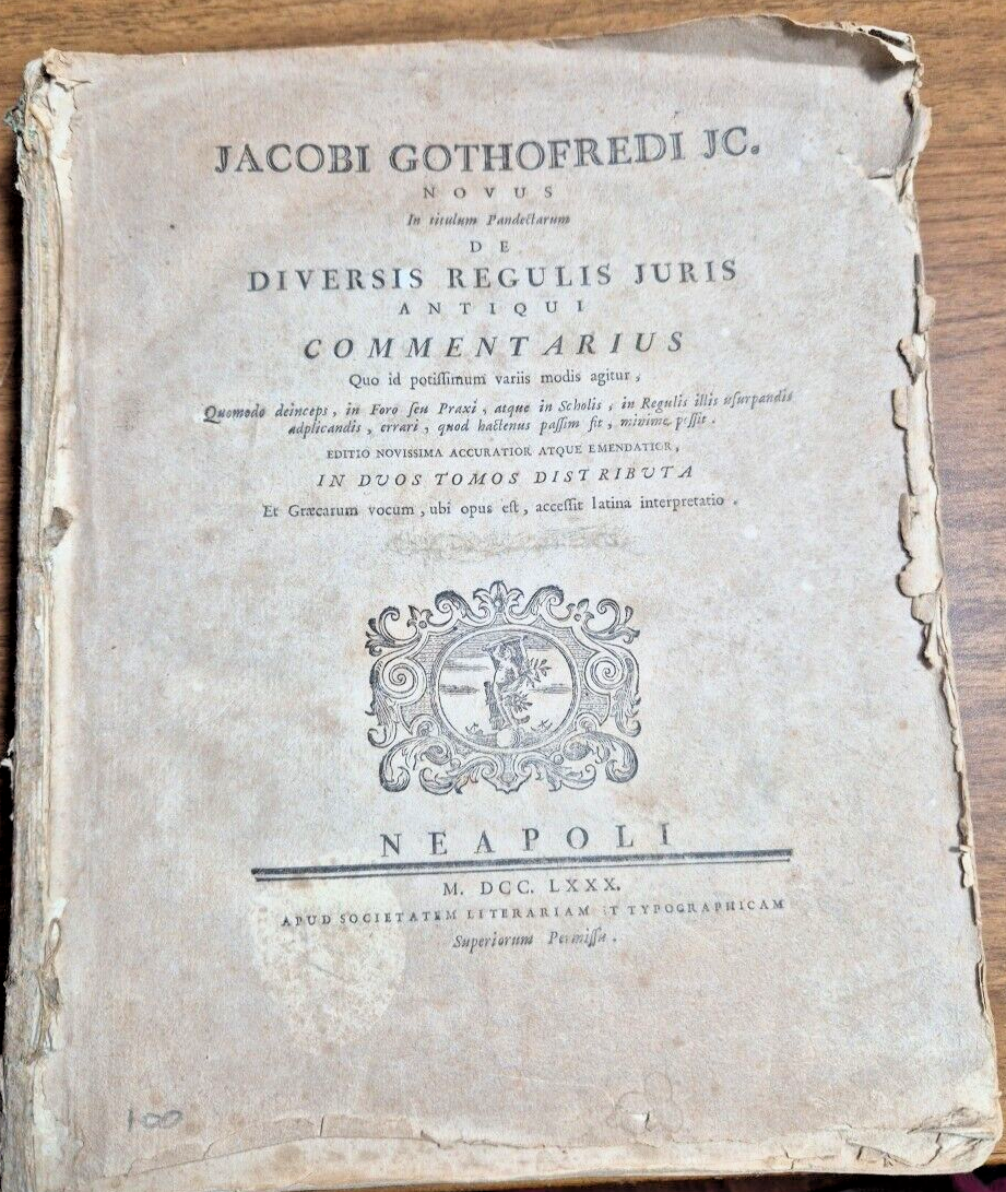 DE DIVERSIS REGULIS JURIS ANTIQUI di Jacobi Gothofredi 1780 Libro …