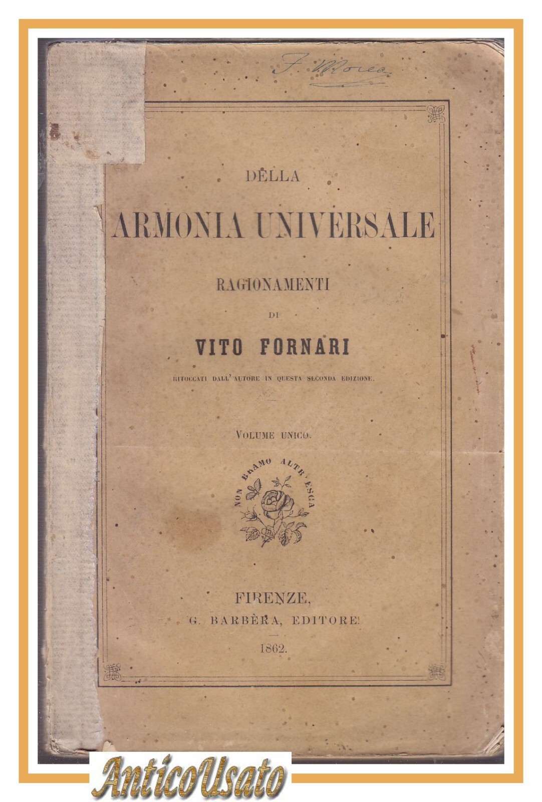 DELLA ARMONIA UNIVERSALE ragionamenti di Vito Fornari 1862 libro filosofia