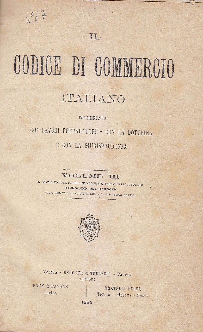 Della Cambiale e Dell’Assegno Bancario di David Supino 1884 Bocca …