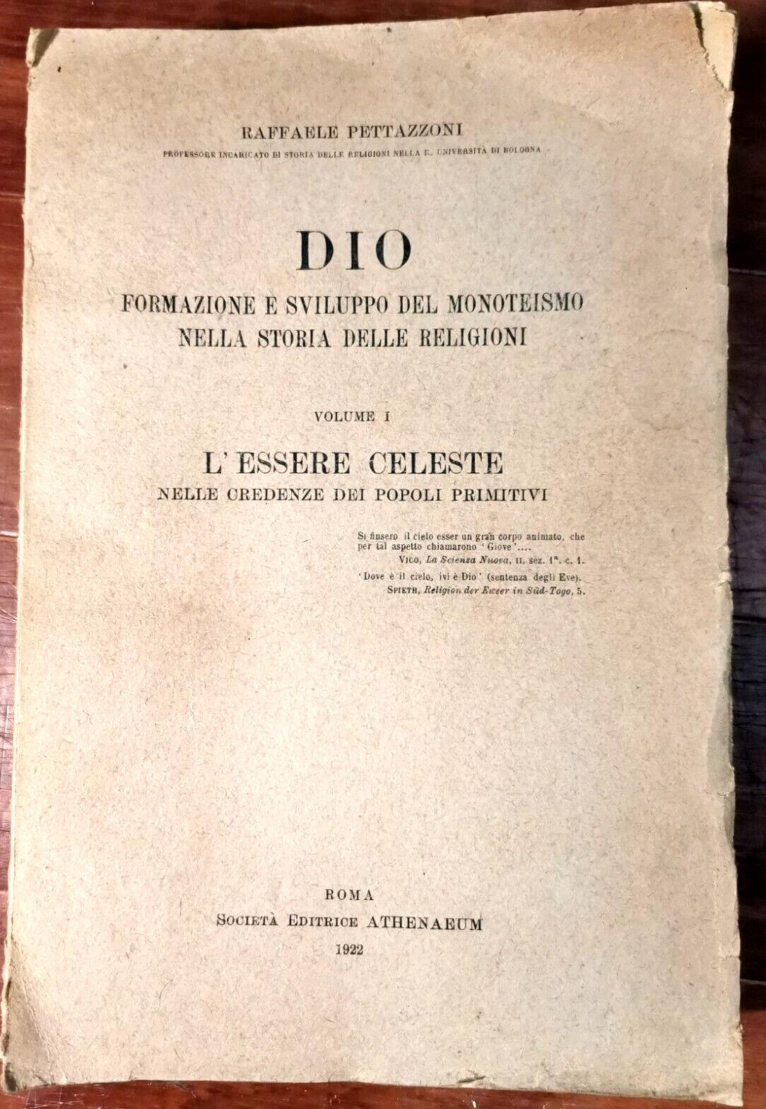 DIO formazione sviluppo del monoteismo volume I di Pettazzoni 1922 …