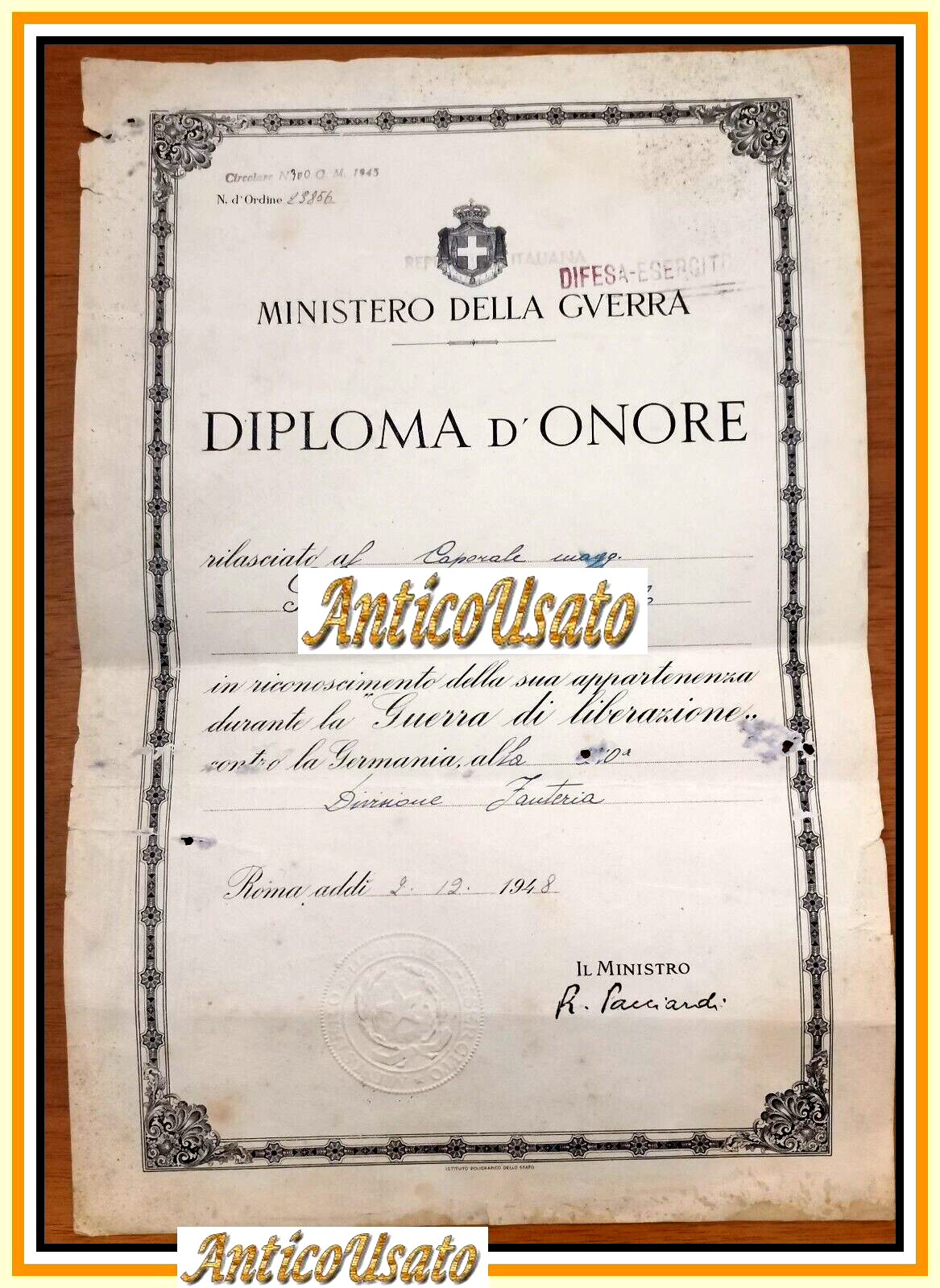 DIPLOMA D'ONORE GUERRA DI LIBERAZIONE contro la Germania 1948 Fanteria …