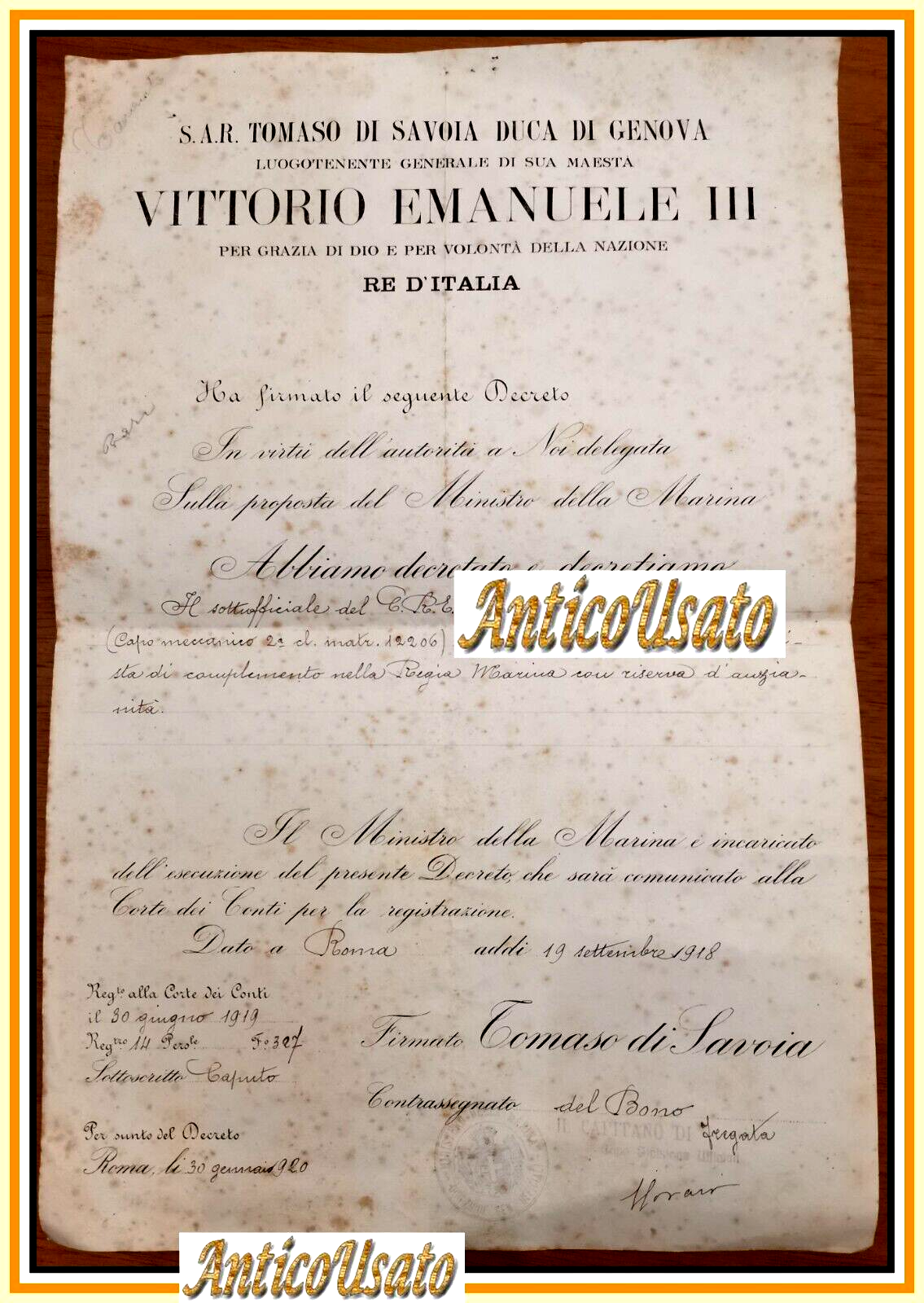 DIPLOMA DECRETO MILITARE MARINA ITALIANA promozione Tenente Macchinista 1918