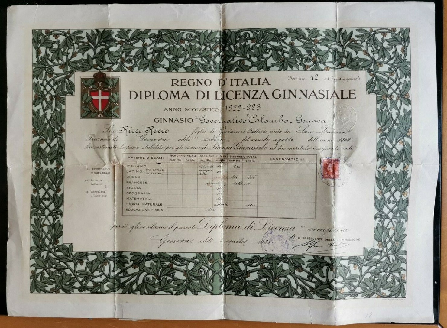 DIPLOMA DI LICENZA GINNASIALE 1922 Regno D'Italia scolastico vintage Genova
