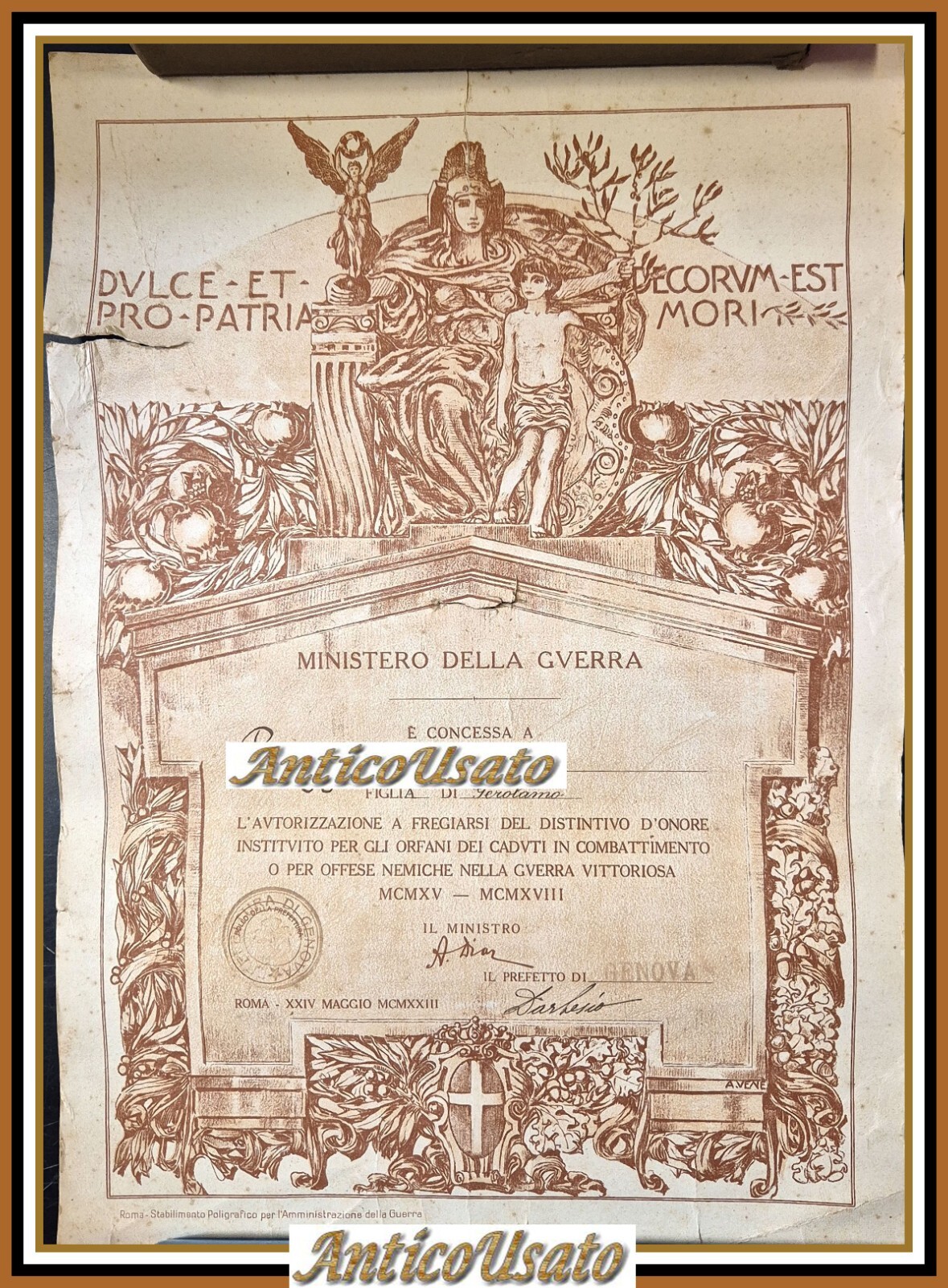 DIPLOMA Distintivo d'onore per gli orfani dei Caduti I guerra …