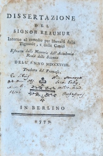 DISSERTAZIONE AL REMEDIO PER LIBERARSI DALLE CIMICI TARLE di Reaumur …