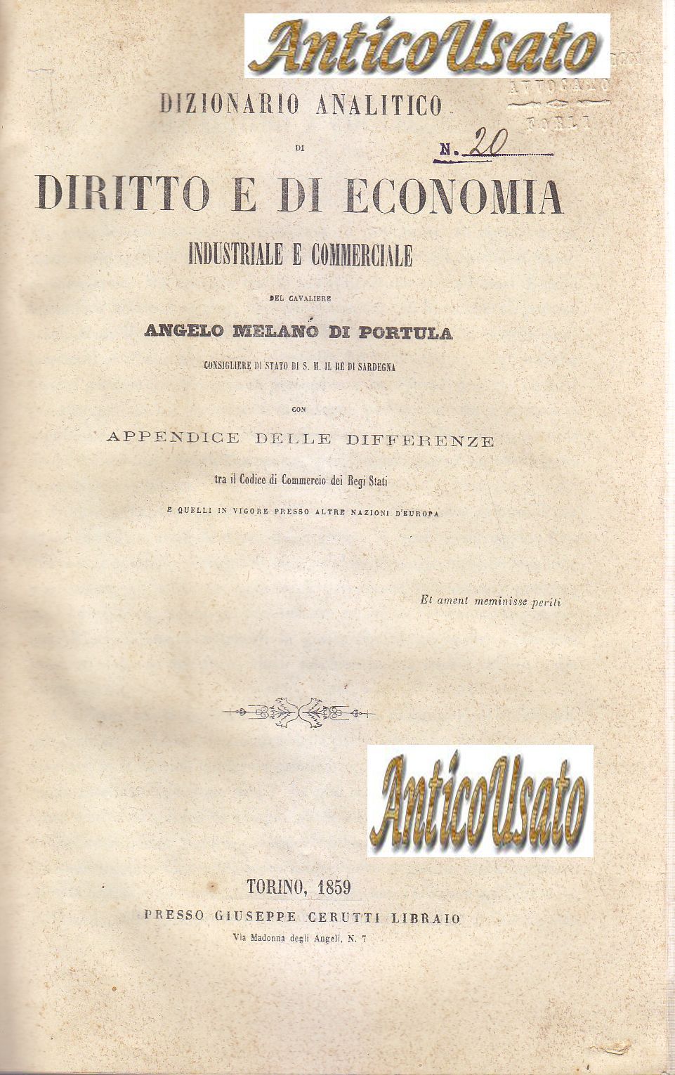 DIZIONARIO ANALITICO DIRITTO ECONOMIA INDUSTRIALE di Melano Portula 1859 Libro