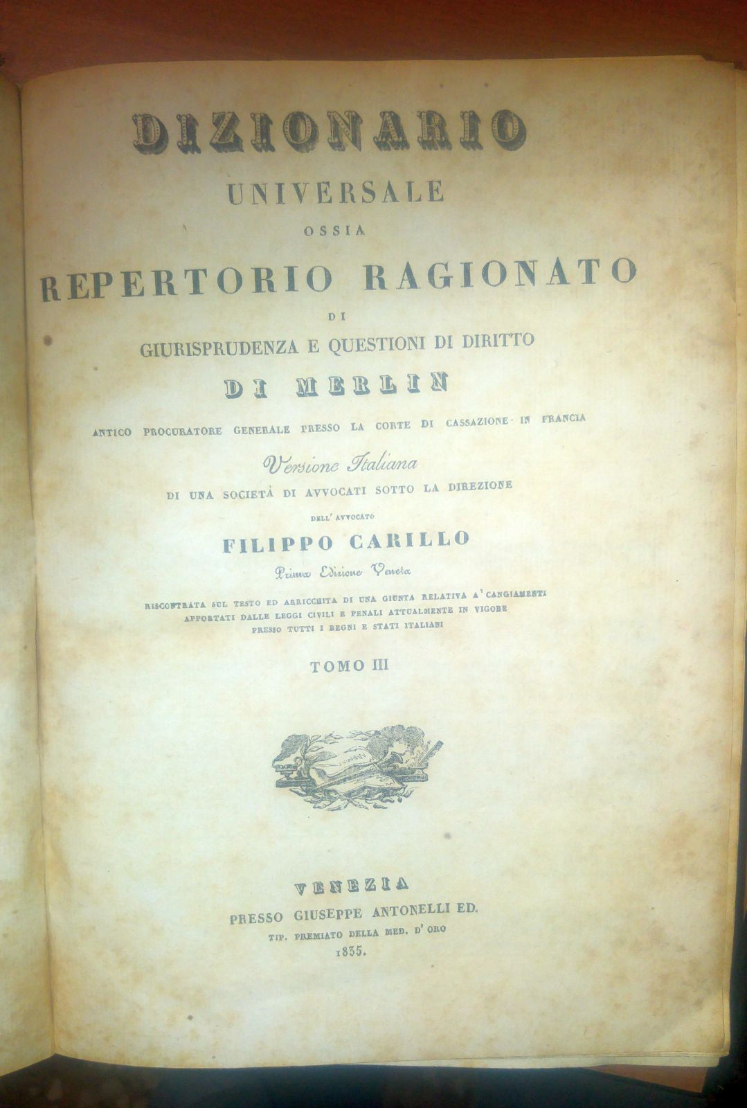 DIZIONARIO UNIVERSALE REPERTORIO GIURISPRUDENZA 1835 tomo 3 libro antico diritto