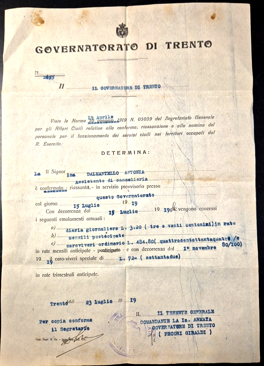 Documento GOVERNATORATO DI TRENTO 1919 Determina assunzione personale civile