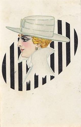DONNINA CON CAPPELLO Cartolina illustrata Viaggiata a Colori 1918 Vintage …