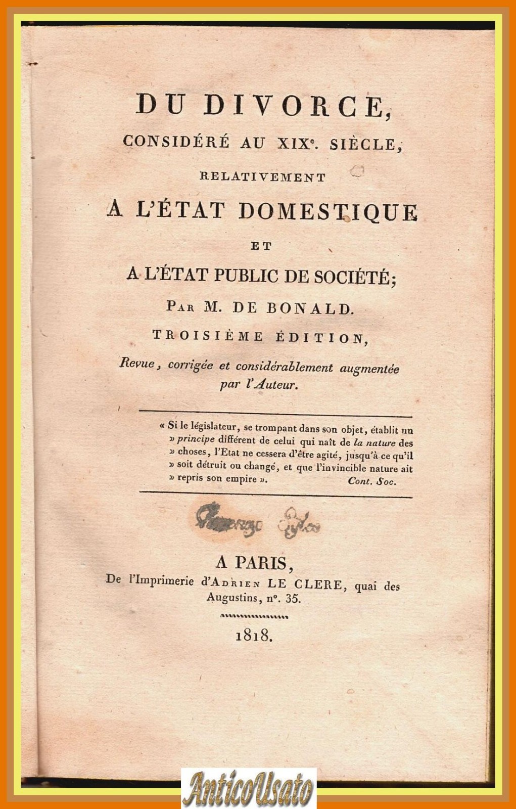 DU DIVORCE CONSIDERE AU XIXe SIÈCLE de Bonald 1818 Le …