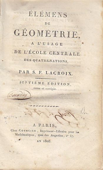 ELEMENS DE GEOMETRIE di Lacroix 1808 Courcier Libro Antico matematica …