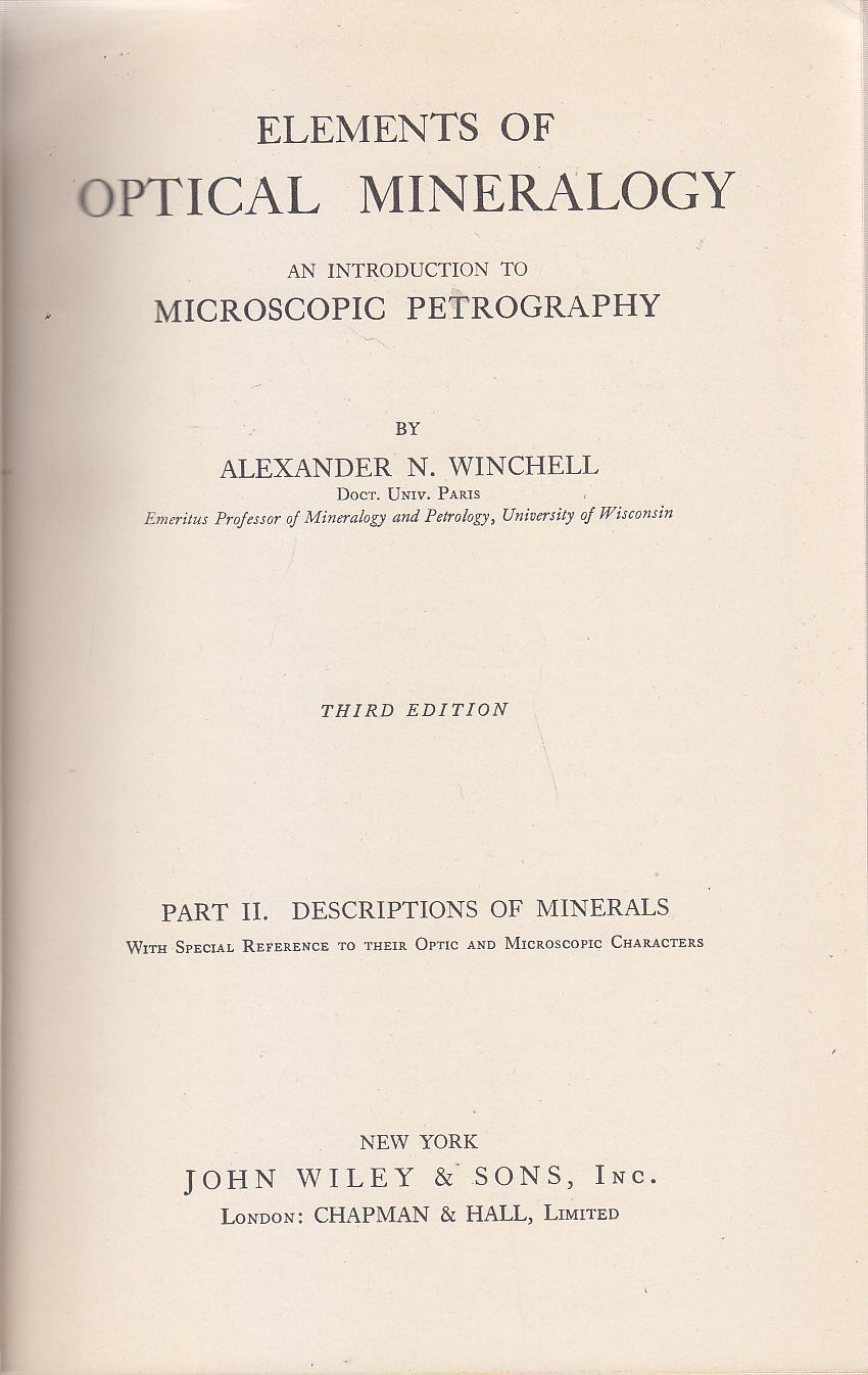 ELEMENTS OF OPTICAL MINERALOGY Volume 2 di Winchell 1948 John …