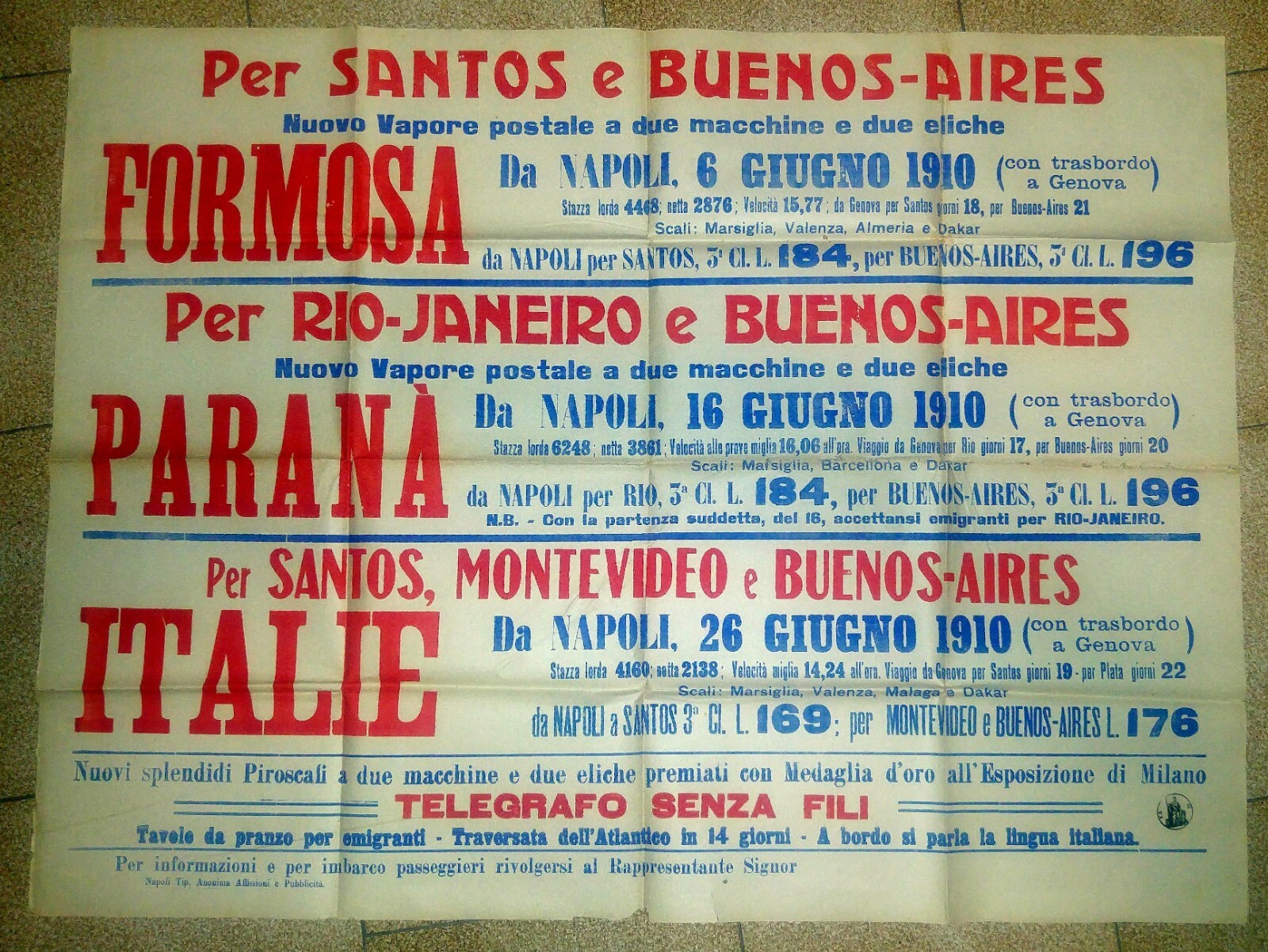 EMIGRAZIONE manifesto 1910 Napoli Santos Formosa grandi dimensioni EMIGRANTI