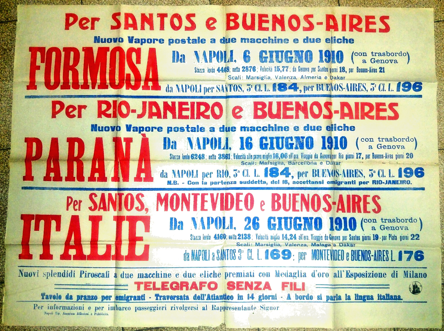 EMIGRAZIONE manifesto 1910 ORIGINALE Napoli Santos Formosa Vintage EMIGRANTI