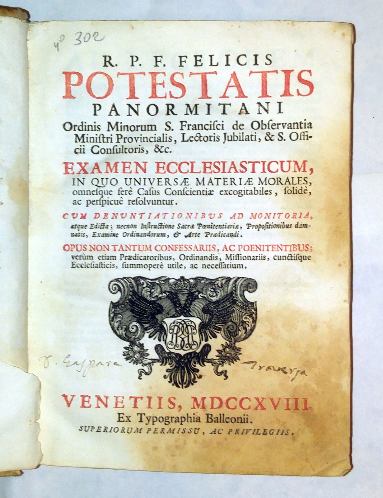 Felicis Potestatis EXAMEN ECCLESIASTICUM 1718 Balleoni 3 tomi in 1 …