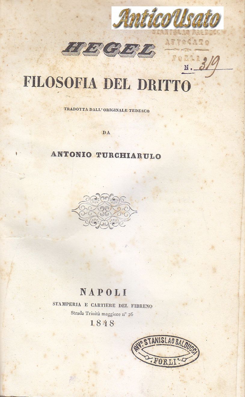 FILOSOFIA DEL DIRITTO di Hegel 1848 Stamperie Cartiere del Fibreno …