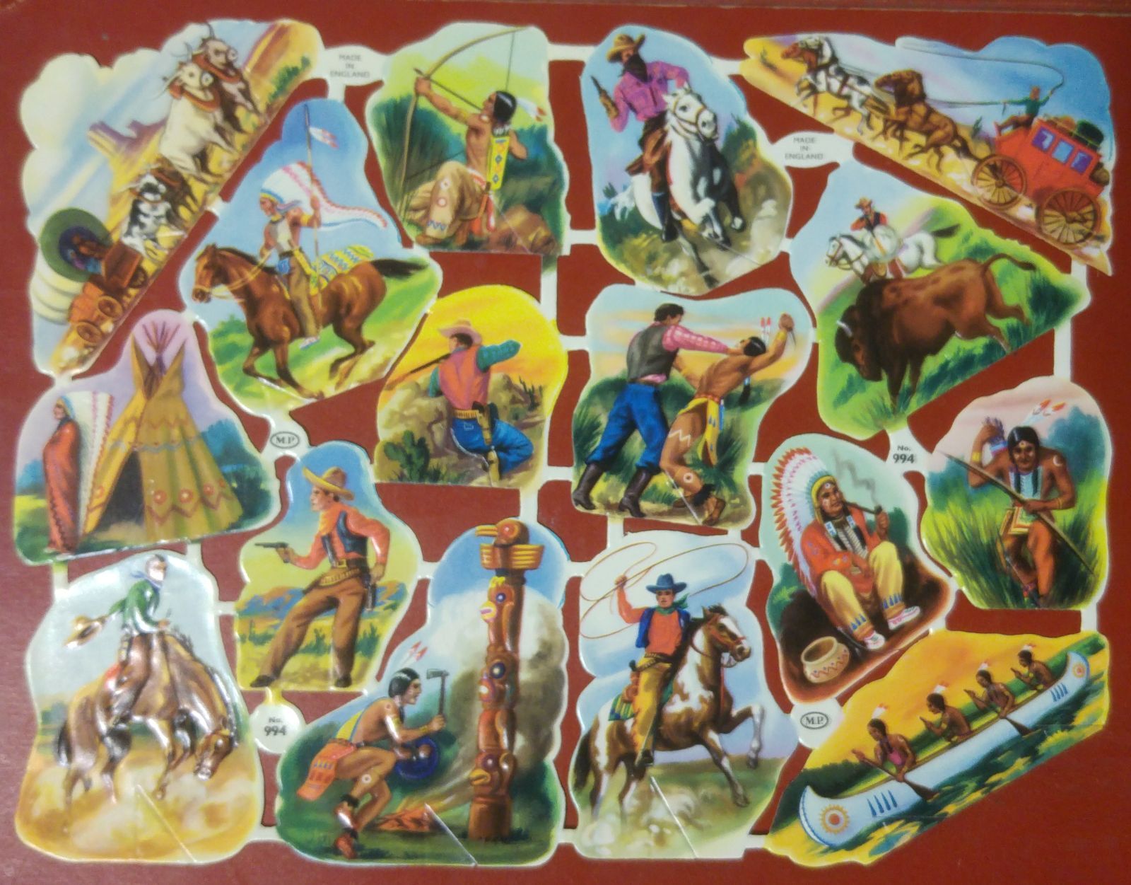 FOGLIO DI 16 FIGURINE FUSTELLATE indiani e Cowboys ANNI '50 …