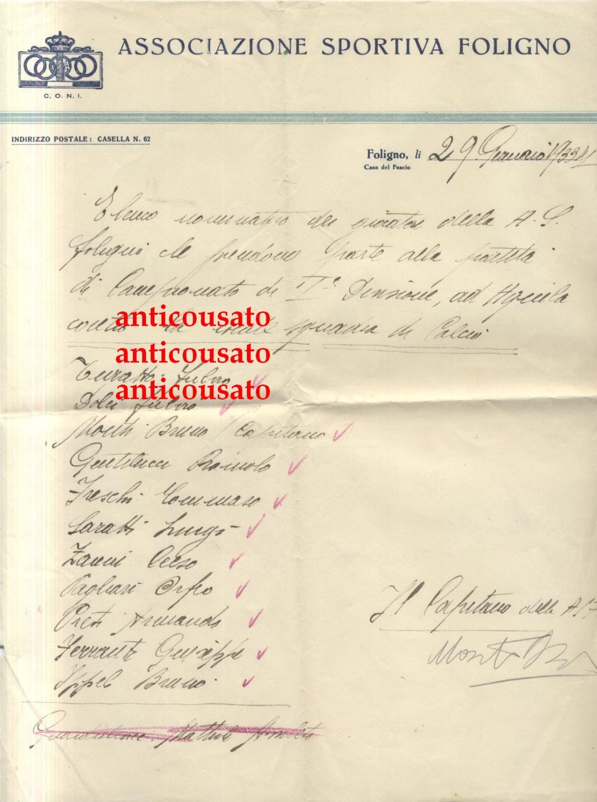 FOLIGNO calcio lettera intestata 1933 con Autografo di Bruno Monti …