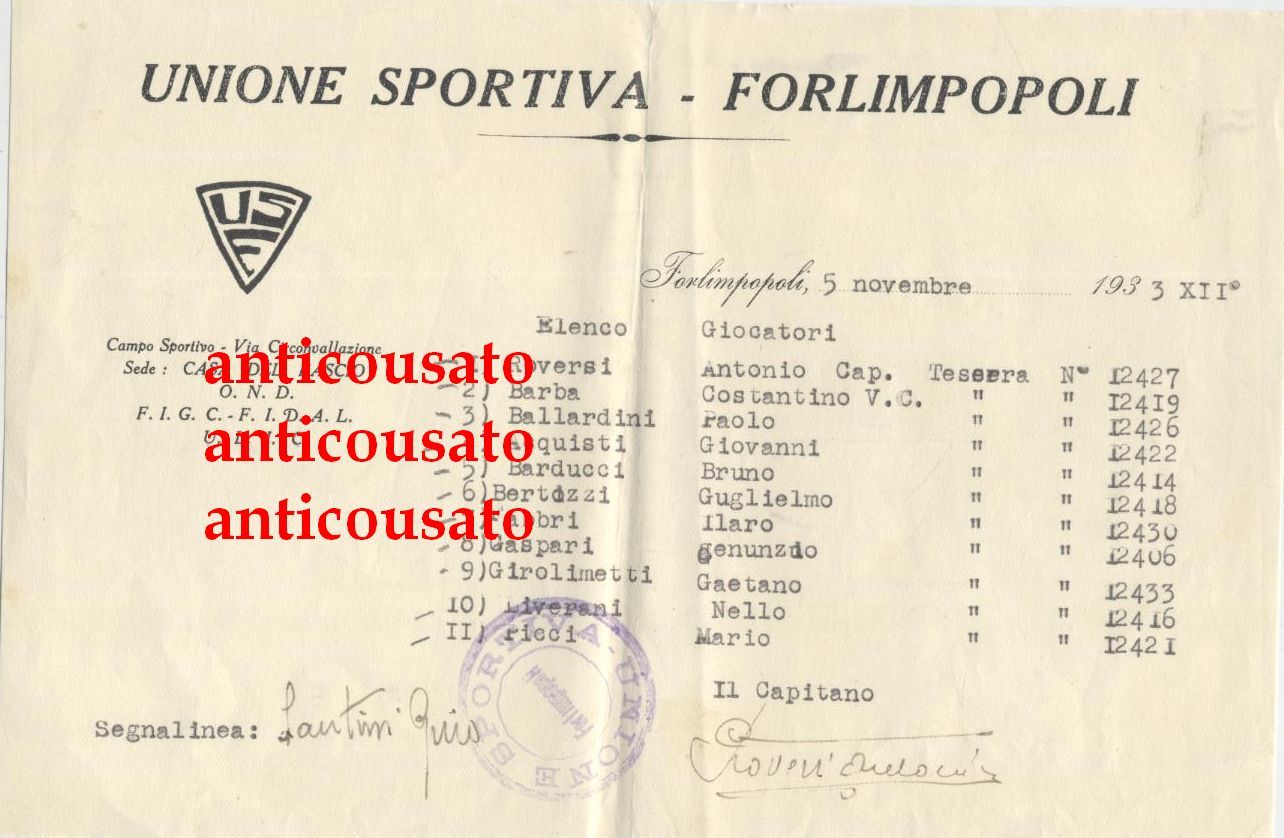 FORLIMPOPOLI calcio lettera intestata 1933 Autografo Antonio Roversi Romagna
