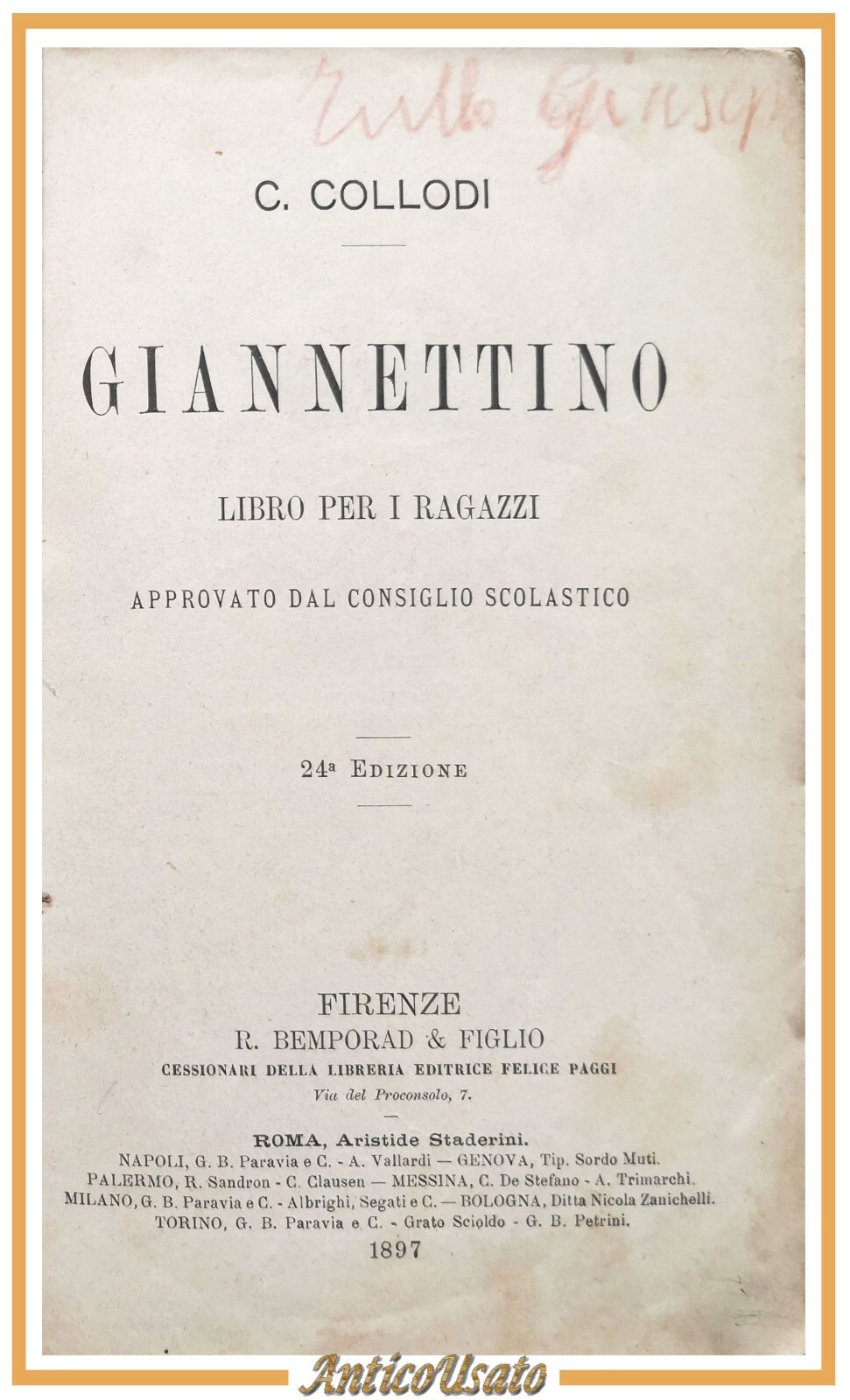 GIANNETTINO di Carlo Collodi 1897 Bemporad libro per ragazzi scolastico …