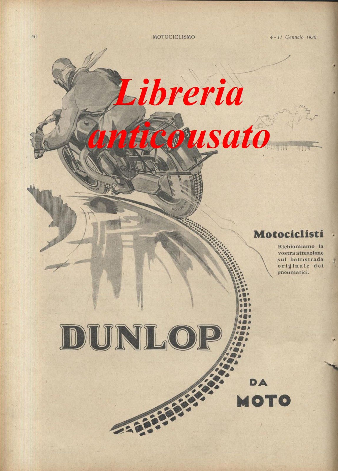 GOMME DUNLOP DA MOTO 1930 pubblicità originale vintage motociclismo advertising