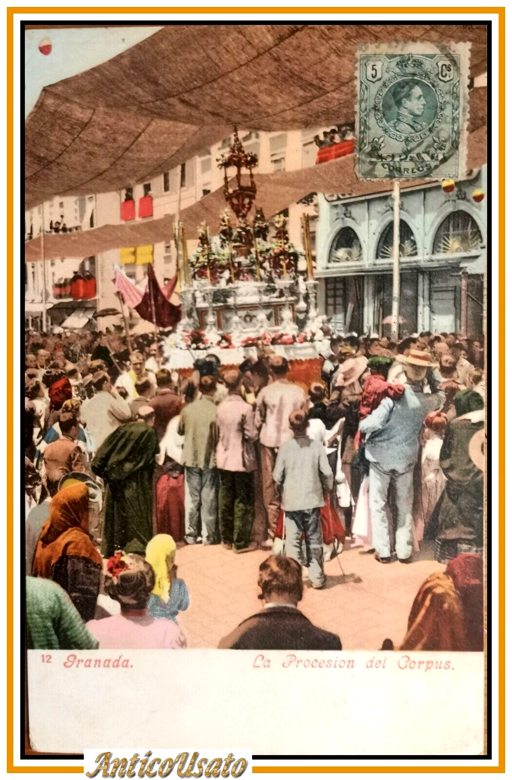 GRANADA LA PROCESION DEL CORPUS Tarjeta Cartolina antigua 1907? animata …