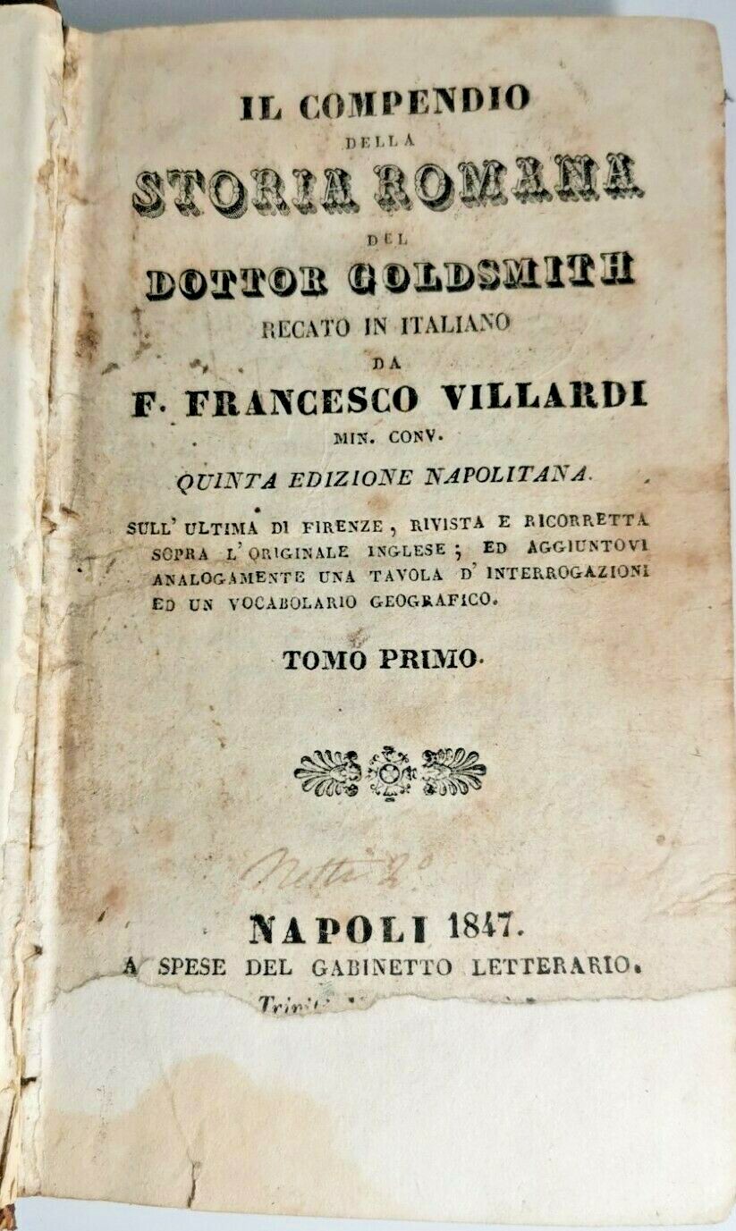 IL COMPENDIO DELLA STORIA ROMANA di Goldsmith 1847 2 libri …