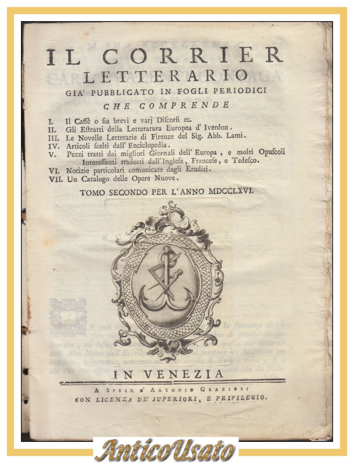 IL CORRIER LETTERARIO tomo II per l'anno 1766 Antonio Graziosi …