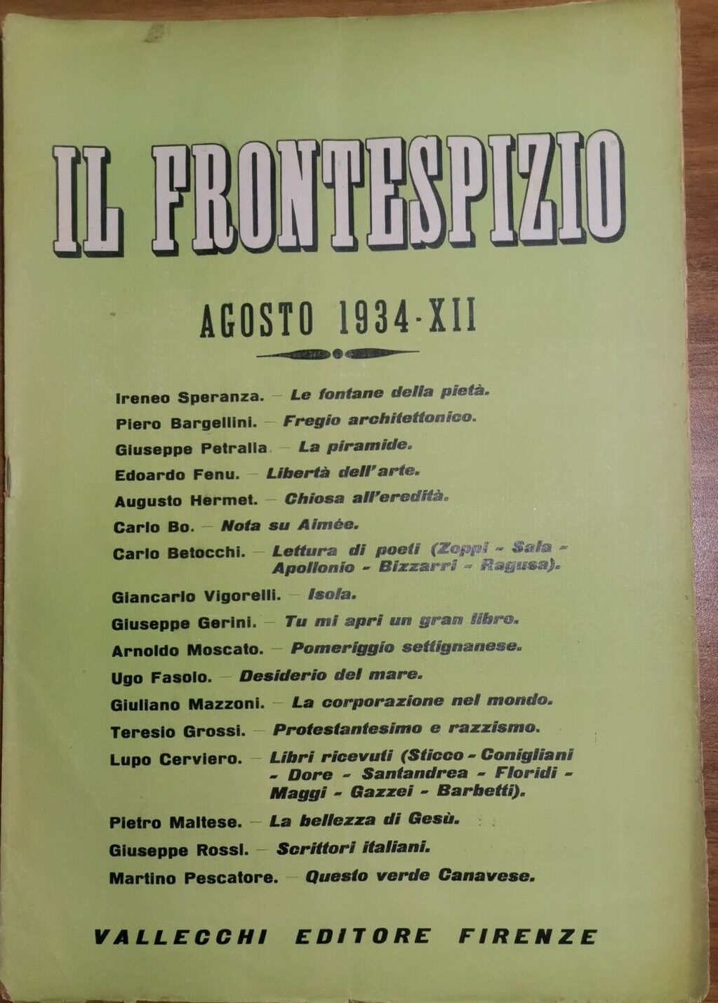 IL FRONTESPIZIO agosto 1934 Rivista letteratura Bargellini Bo Betocchi Moscato