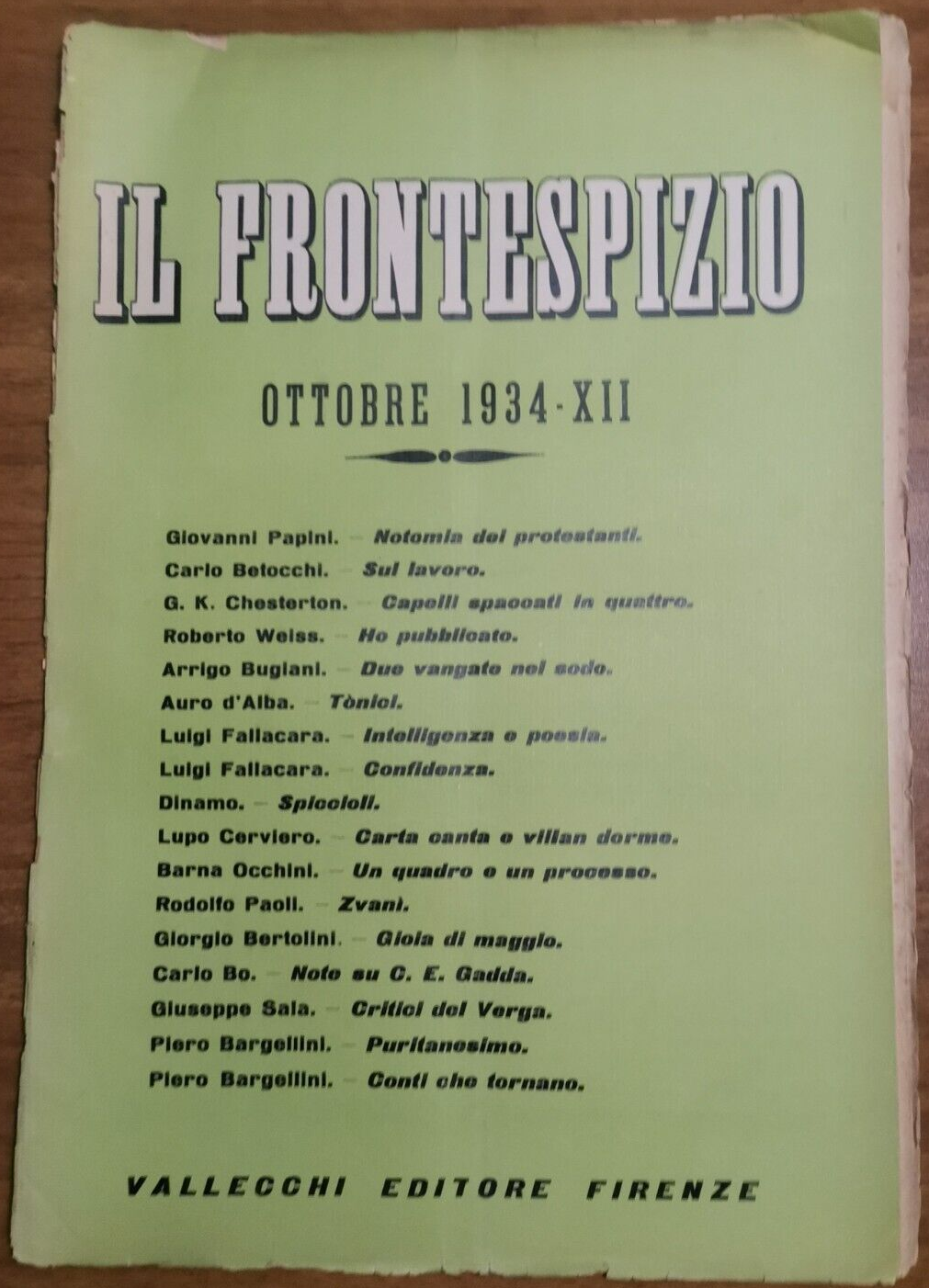 IL FRONTESPIZIO ottobre 1934 Rivista letteratura Papini Fallacara Bo Bargellini