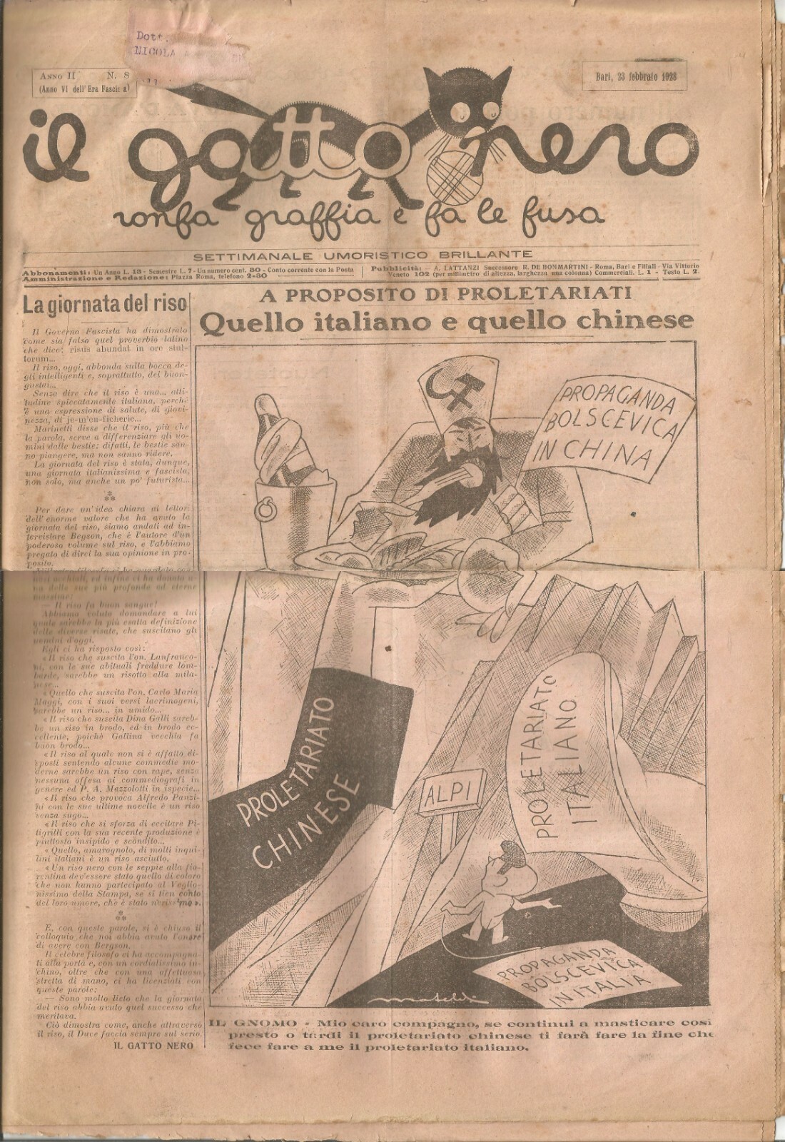 IL GATTO NERO settimanale umoristico barese 1928 giornale vintage Bari …