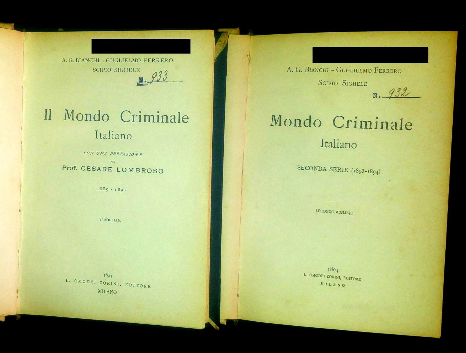 IL MONDO CRIMINALE ITALIANO 2 volumi Bianchi Ferrero Sighele 1893 …