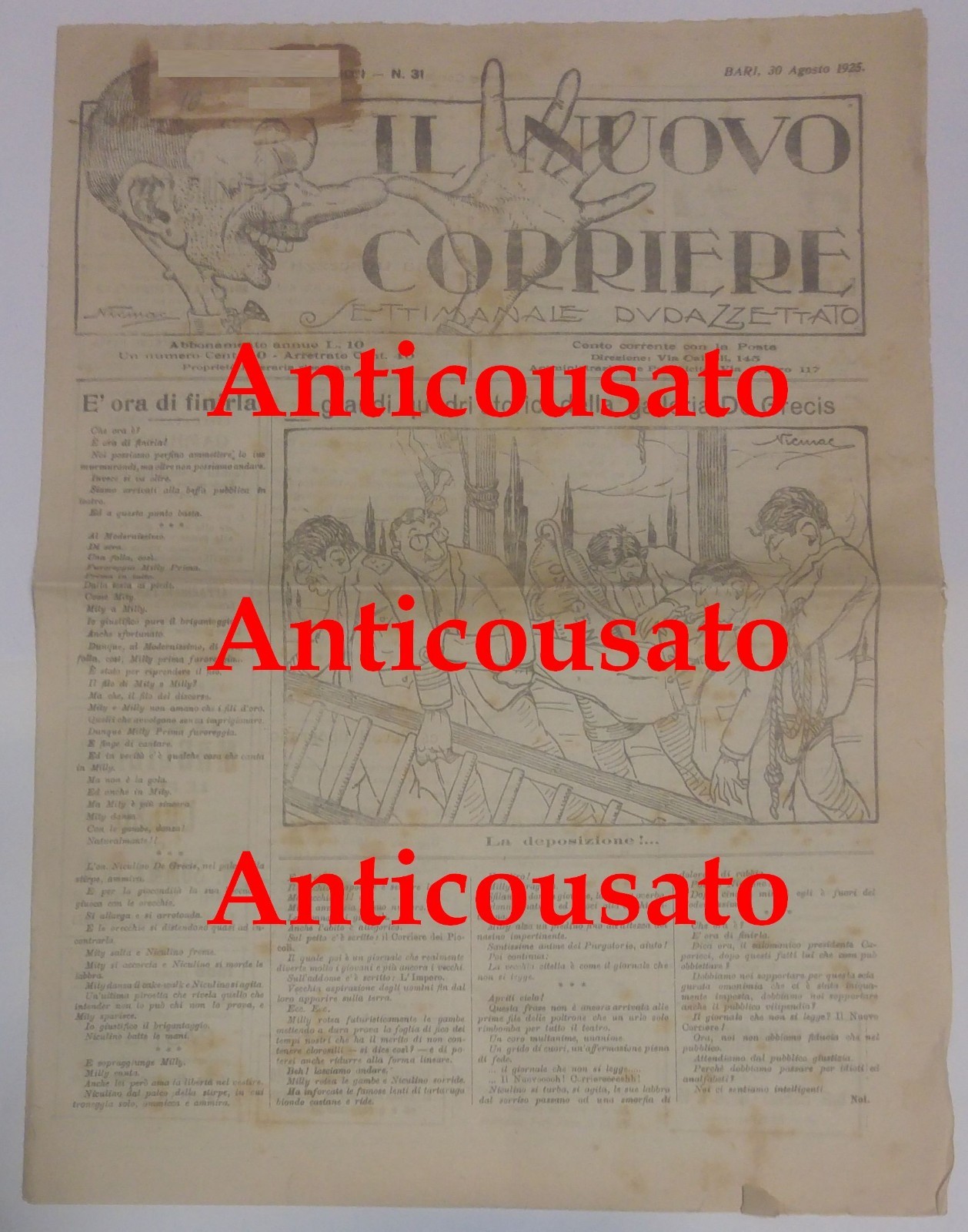IL NUOVO CORRIERE settimanale pupazzettato BARI 30 agosto 1925 umoristico