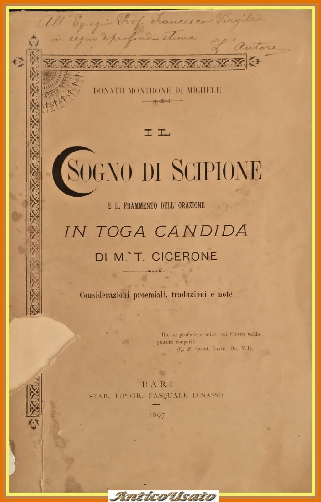 IL SOGNO DI SCIPIONE IN TOGA CANDIDA Cicerone 1897 Losasso …